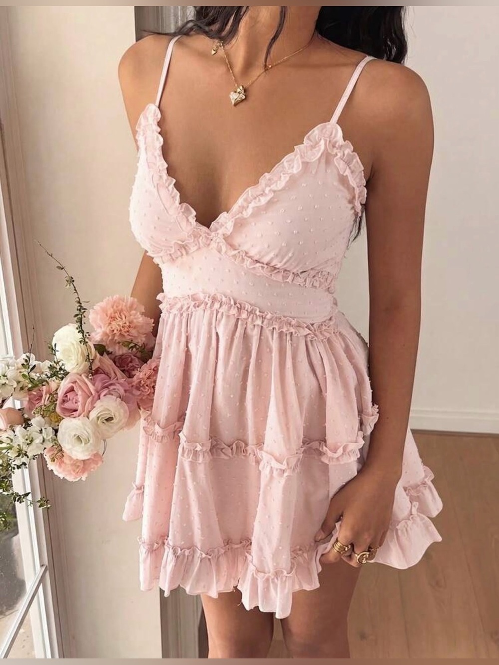 100% Cotton Ruffle Swiss-Dot Pink Mini Dress with Spaghetti Straps